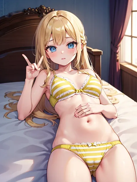 masterpiece, highest quality, Very detailed, 16k, Ultra-high resolution、One 5-year-old girl, Detailed face、Perfect Fingers, blue eyes, Blonde, Braid, Striped yellow panties, Striped yellow bra, Classical Western-style room, bed, Lie on your back