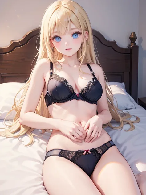 masterpiece, highest quality, Very detailed, 16k, Ultra-high resolution、One 5-year-old girl, Detailed face、Perfect Fingers, blue eyes, Blonde, Braid, Lace panties, Lace bra, Classical Western-style room, bed, Lie on your back