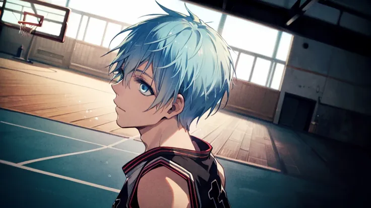 ((highest quality, super detailed,detailed eyes:1.3)),(((boy:1.2))),water blue hair,short,hair,kuroko tetsuya,basketball uniform...