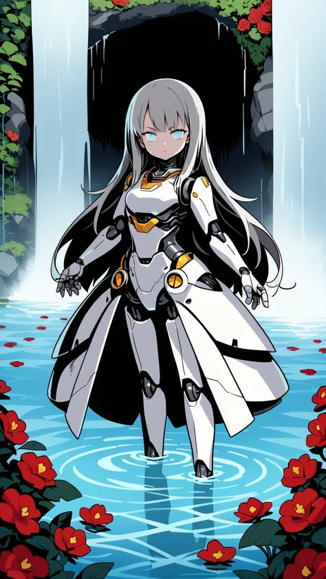 score_9,source_anime,1girl,standing,gray hair,beautiful_detailed_eyes,long hair,light blue eyes,looking at viewer,robot,serious,(under water), full-body,pale gray skin,red flowers,waterfall in background, 