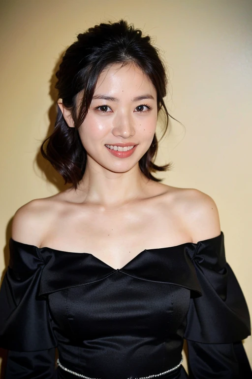 ((highest quality、8k、masterpiece:1.3))、Photorealistic, Sharp focus, high resolution, High resolution,Portraiture, one person、Japanese、woman, beautiful woman, (((black　Off the shoulder　 dress)))、30 years old, Plump, Medium Long Hair,smile