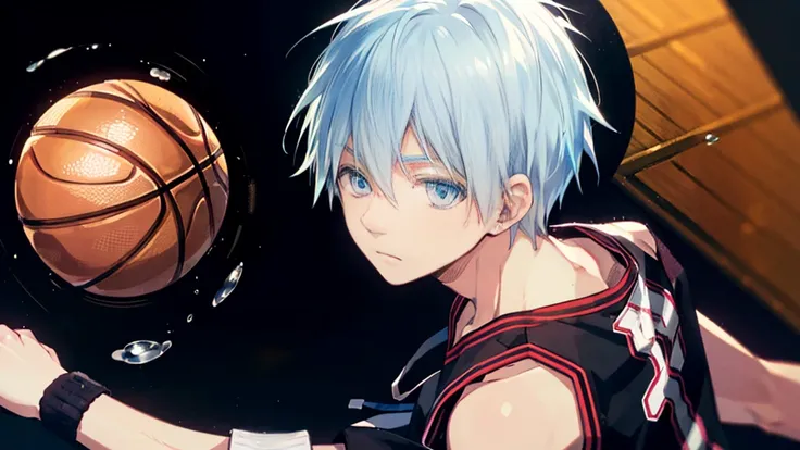 ((highest quality, super detailed,detailed eyes:1.3)),(((boy:1.2))),light blue hair,short,hair,light blue eyes,kuroko tetsuya,ba...