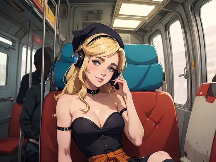 blonde woman sitting on a bus with headphones, blonde Menina anime with long hair, garota de cabelos longos, fanart de garota urbana, Menina anime with long hair, seductive Menina anime, Estilo Artgerm, Menina anime, estilo anime 4k, commission for high re...