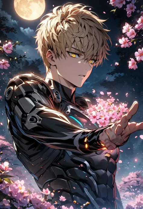 absurdres, highres, ultra detailed, HDR, master piece, best quality, Genos, expressive yellow eyes, ash-blonde hair, one punch man, solo, man, handsome, moon, fireflies, blossoms, spring, pink flowers