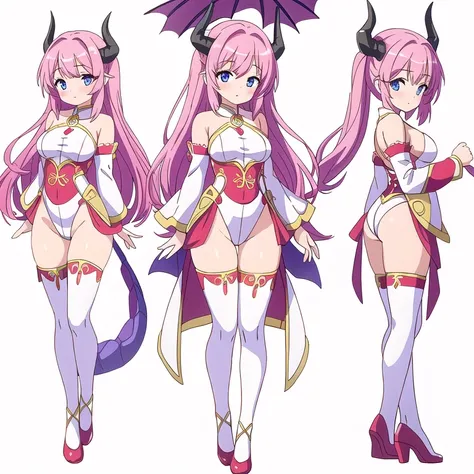 masterpiece, best quality, cute eyes, 1girl, solo, high fantasy costume, ((white background)), full body, multiple views, leotard, succubus, dragon horn, detached sleeves, body stocking,