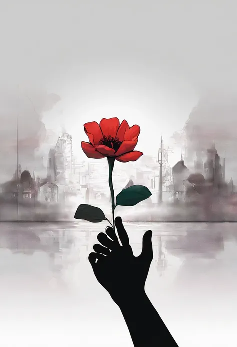 a hand holding a red flower and the black background scenery