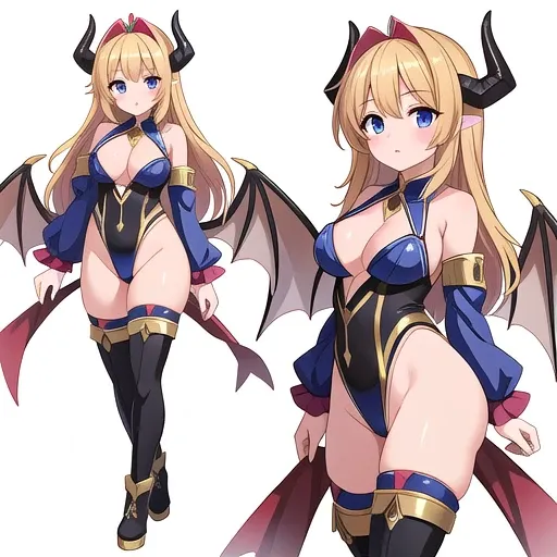 masterpiece, best quality, cute eyes, 1girl, solo, high fantasy costume, ((white background)), full body, multiple views, boots, leotard, succubus, horn,