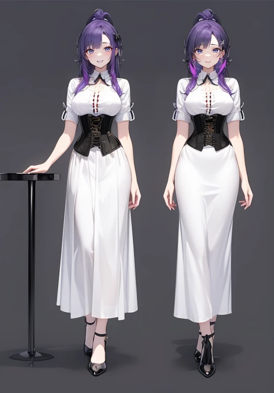 Purple hair,long hair,Adult female,(Bartender),((Rolling up your sleeves shirt)),(Corset),(long skirt),(high heels),((Simple background)),Smile,((Full body)),((whole body)),Character Sheet,