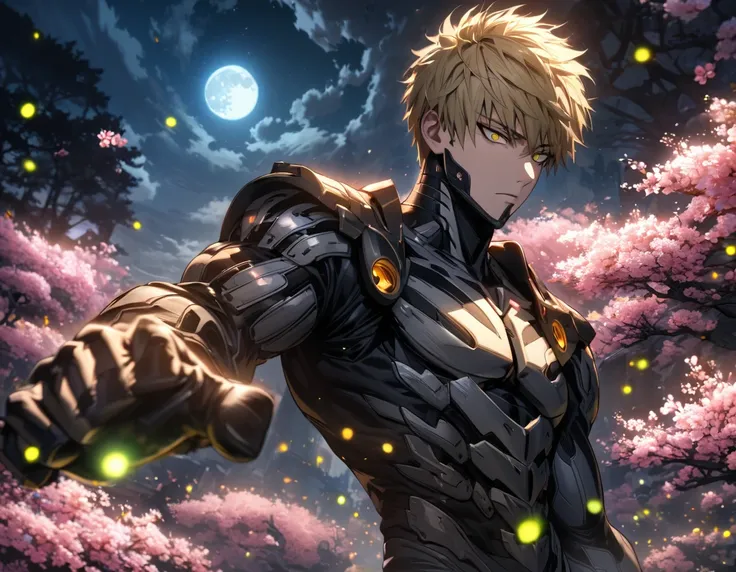 absurdres, highres, ultra detailed, HDR, master piece, best quality, Genos, expressive yellow eyes, ash-blonde hair, one punch man, solo, man, handsome, moon, fireflies, blossoms, spring, pink flowers