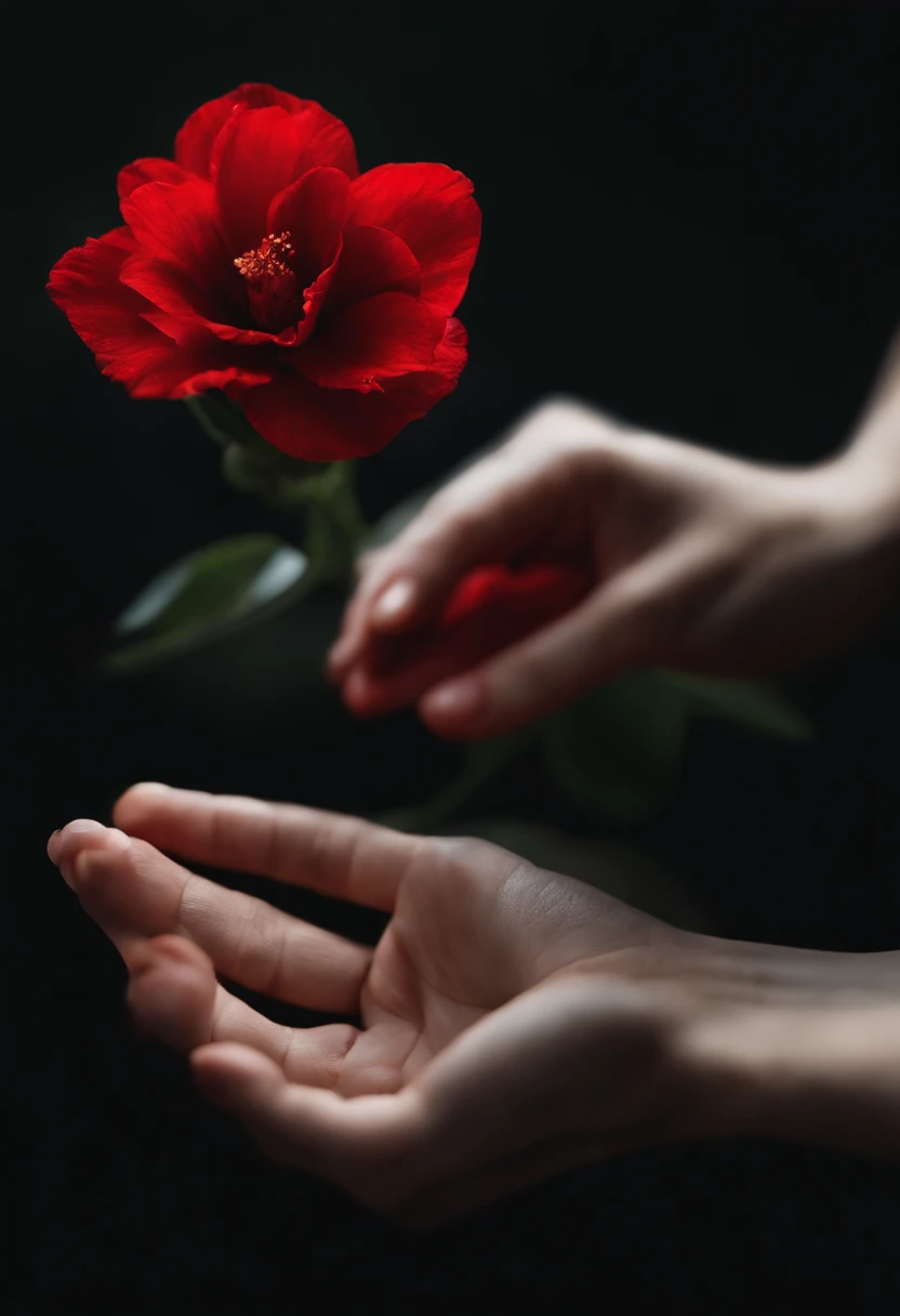 a hand holding a red flower and the black background scenery