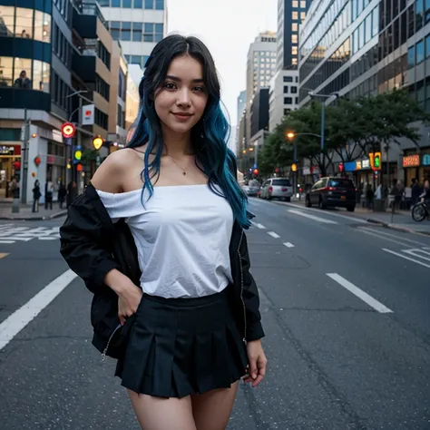 1girl, black_skirt, blue_hair, building, city, cityscape, hair_between_eyes, jacket, looking_at_viewer, medium_hair, multicolored_hair, multiple_boys, night, off_shoulder, outdoors, pleated_skirt, road, shirt, skirt, skyscraper, smile, solo_focus, street, ...