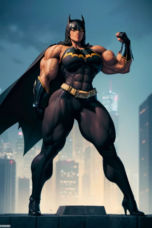 ((((Massive, tall, beautiful, buff, brown skinned muscular woman with black hair, ginormous bulky muscles and wearing a black Batgirl suit with a cape and black tight pants)))), (close view), vascular body, massive muscles, massive biceps, hyper muscle tri...