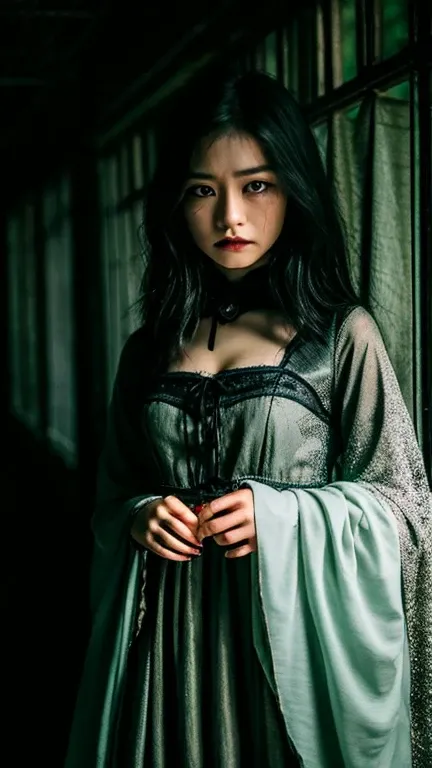 scary photos，Gothic horror masterpiece，有飄渺透明度高behind靈，Someone has a face，Beautiful female doll，behind，feeling of horror，Uncanny Valley，There is a spirit behind it，Gorgeous clothes，There is a drop shoulder，There is leakage on the chest