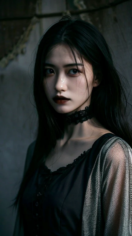 scary photos，Gothic horror masterpiece，有飄渺透明度高behind靈，Someone has a face，Beautiful female doll，behind，feeling of horror，Uncanny Valley，There is a spirit behind it，Gorgeous clothes，There is a drop shoulder，There is leakage on the chest