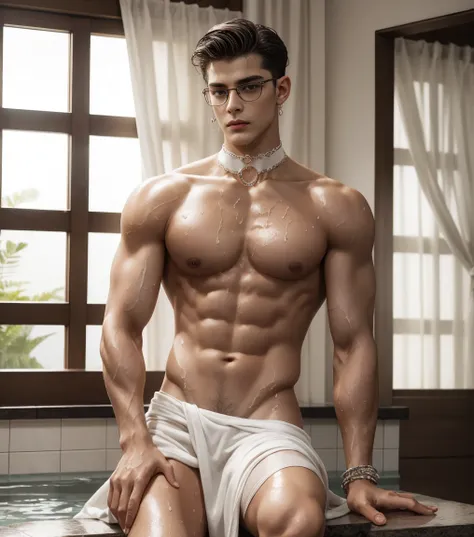 HD quality, high definition, a male escort 20 years old handsome, muscular and slim, red lips, leaning on a table (exposed vagina)) , wearing bathrobe, short hair brushed up, model with bracelets, earrings, with eye glasses, fully nude and naked body, side...