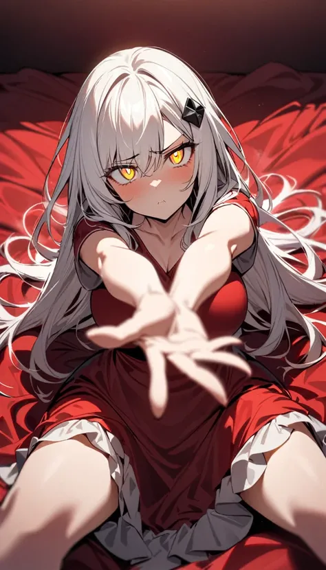 A woman, flowing white hair, melancholy eyes, yellow pupils, black diamond-shaped hairpin, Tiny feathers are dancing, angry, arm support, arms up, incoming hug, pov, reaching, reaching towards viewer, looking at viewer, She is sitting on a super huge red s...