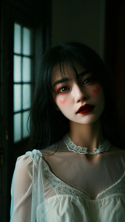 scary photos，Gothic horror masterpiece，There is an ethereal and transparent soul behind the face，Beautiful female doll，behind，feeling of horror，Uncanny Valley，There is a spirit behind it，Gorgeous clothes，There is a drop shoulder，There is leakage on the che...