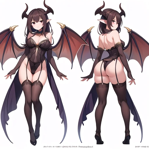 masterpiece, best quality, adult, 1girl, solo, high fantasy costume, ((white background)), full body, multiple views, lingerie, succubus, dragon horn,
