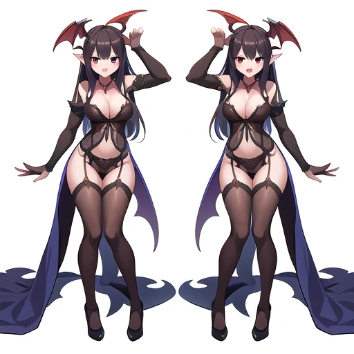 masterpiece, best quality, adult, 1girl, solo, high fantasy costume, ((white background)), full body, multiple views, lingerie, succubus, dragon horn,
