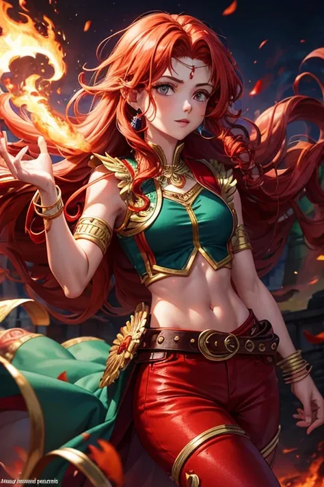  Merida 18 year old girl long curly redhead hair djinn clothing red top with open sleeveless vest copper red vest with silver Arabic print red Arabic pants golden belt djinn bracelet with red gems rubies brown boots red phosphorescent tattoos surrounded by...