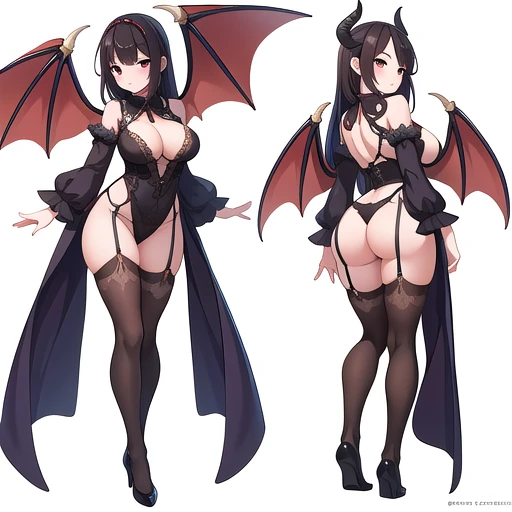 masterpiece, best quality, adult character, 1girl, solo, high fantasy costume, ((white background)), full body, multiple views, lingerie, succubus, dragon horn,
