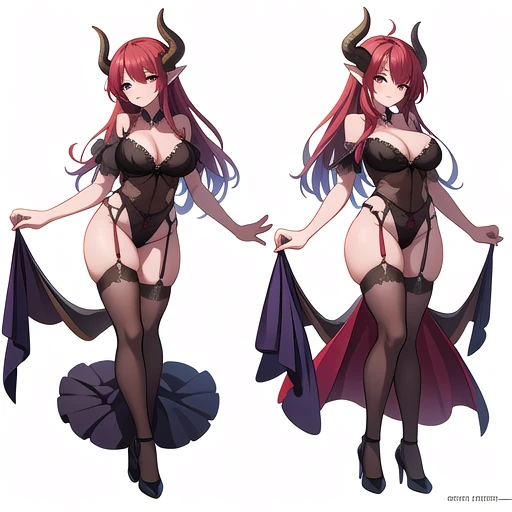 masterpiece, best quality, mother character, 1girl, solo, high fantasy costume, ((white background)), full body, multiple views, lingerie, succubus, dragon horn, 
