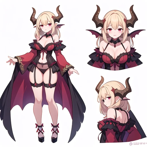 masterpiece, best quality, mother character, 1girl, solo, high fantasy costume, ((white background)), full body, multiple views, lingerie, succubus, dragon horn, 
