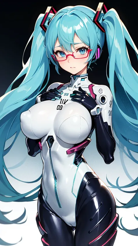 Hatsune Miku Vocaloid, Twin Tails, Light Blue Eyes, Light Blue Hair, Pichi Pichi Bodysuit, plug suit Neon Genesis Evangelion, Ultimate Physical Beauty, Beautiful Eyes, embarrassed look , ((Big Breasts)), 8K CG, Top Quality, Best Image Quality, 2D digital i...