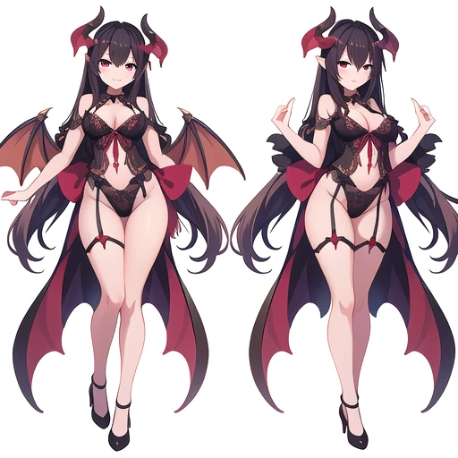 masterpiece, best quality, solo, high fantasy costume, ((white background)), full body, multiple views, lingerie, succubus, dragon horn,
