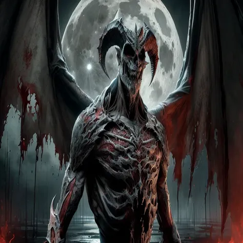 demonic demon with horns and blood on his body standing in front of the full moon, Demonio masculino en forma con cuernos blancos., demon lord, criatura demoniaca, uno una criatura parecida a un demonio, uno una criatura parecida a un demonio, fat and ripp...