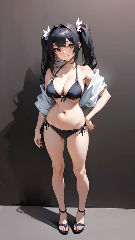 masterpiece,anime style,chibi,sexy girl,black hair,shoulder length hair with two pigtails,bikini,smiling,bigger breasts,waiting on the right side of the image,showing cleavage,full body,standing,alone