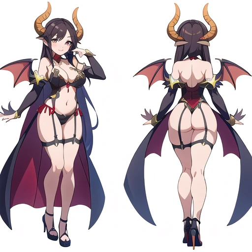 masterpiece, best quality, solo, high fantasy costume, ((white background)), full body, multiple views, lingerie, succubus, dragon horn,
