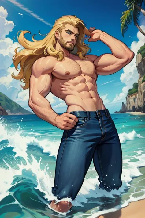 A muscular blonde haired man with blue eyes with long hair and a dark beard in jeans is splashing in the waves at the beach