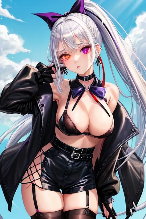 Tall  body
Small pear shaped breasts
Silver nipple studs
White hair in a high ponytail
Sky blue hair ribbon
Black choker
Heterochromia Metallic purple left eye crimson red right eye 
Black fingerless elbow gloves
Fishnet bra
Black bicycle shorts
Black leat...