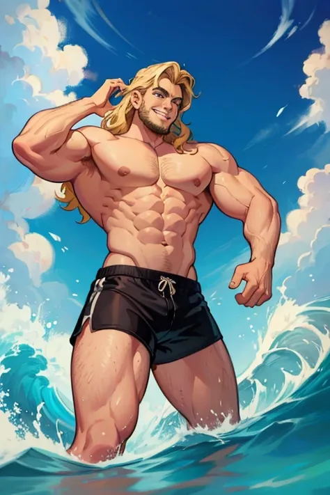 A muscular blonde haired man with blue eyes with long hair and a dark beard in a pair of shorts is splashing in the waves with a smile at the beach