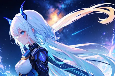 night,Sky Blue Eyes,Combat Uniform,front,Upper Body,Big Eyes,milky way,Long Hair,Gradient Color,Town,neon,milky way,Brilliance(masterpiece, highest quality, figure, Very high quality, high resolution, extremely delicate writing), (Platinum Blonde Hair:1), ...