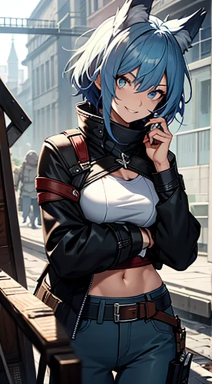 1girl, short_rebellious_hairblue_hair, hair tips to the side, blue_eyes, scary_eyes, short_hair, scary_smile, looking_at_vi ewer, holding, shirt, pant, animal_ears, blue_ ears, wolf_woman, blue_tail, body_perfect, Milf_body, female_body_muscular, scar_on_t...