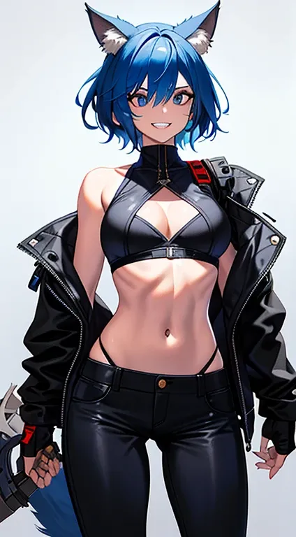 1girl, short_rebellious_hairblue_hair, hair tips to the side, blue_eyes, scary_eyes, short_hair, scary_smile, Evil smile_sharp_wild teeth, soulless_black_eyes, looking_at_vi ewer, holding, shirt, pant, animal_ears, blue_ ears, wolf_woman, blue_tail, body_p...