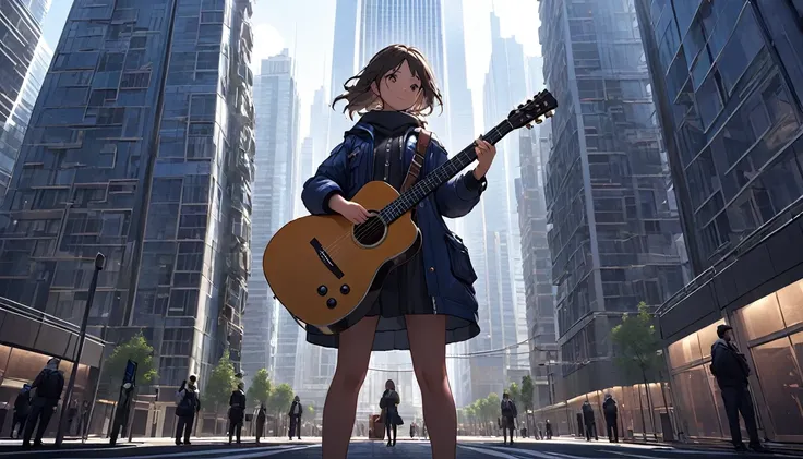 Highly detailed CG Unity 8k wallpaper, best quality, A girl,Carrying a guitar,Standing in the center of the city,It is surrounded by high-rise buildings