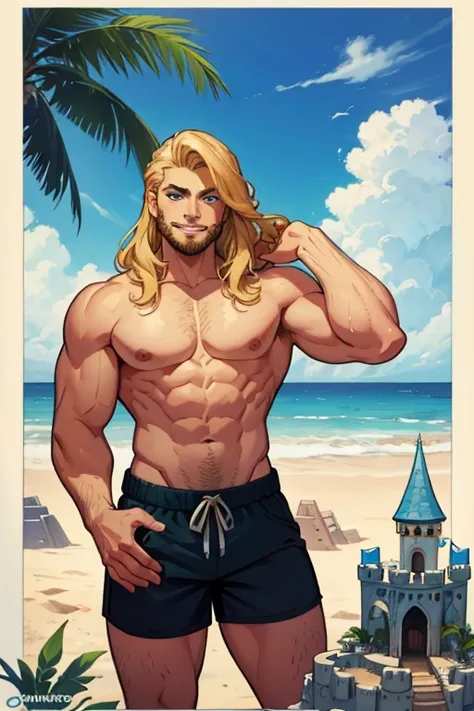 A muscular blonde haired man with blue eyes with long hair and a dark beard in a pair of shorts is building a sandcastle with  a big smile at the beach