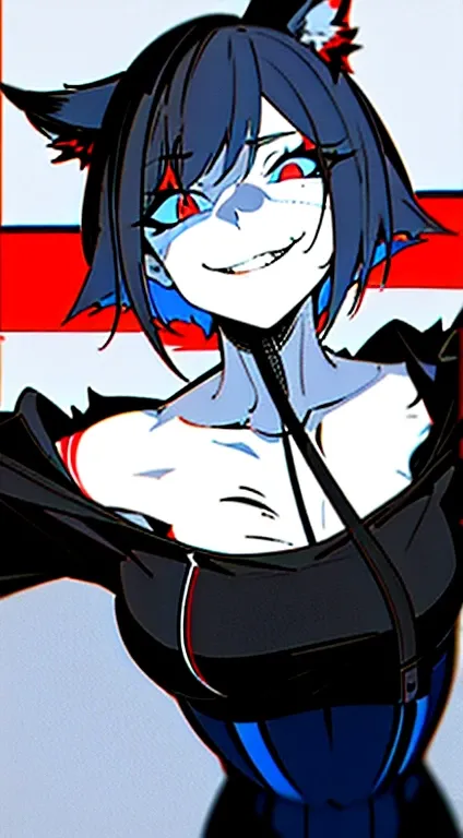 1girl, short_rebellious_hairblue_hair, hair tips to the side, blue_eyes, scary_eyes, short_hair, scary_smile, Evil smile_sharp_wild teeth, VERY SHARP TEETH IN A DISTURBED AND EVIL SMILE, soulless_black_eyes, looking_at_vi ewer, holding, shirt, pant, animal...