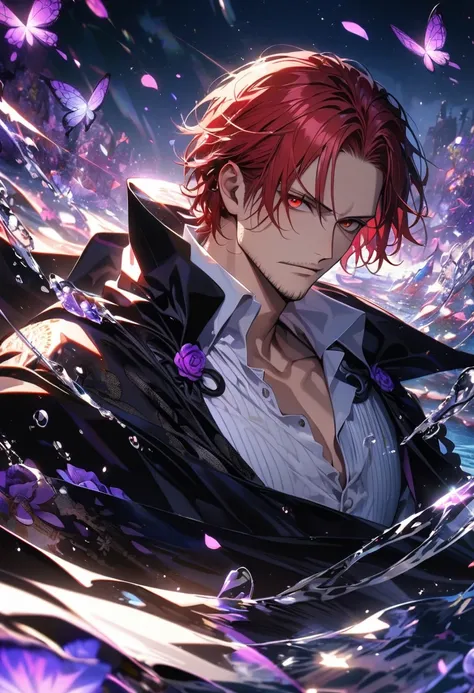 Ultra detailed, HDR, Highres, absurdres, master piece, Shanks, red hair, expressive red eyes, black cape with patterns, One Piece, purple glittering butterflies, purple ice, petals, purple ice roses, sexy man, solo, extremely detailed face and eyes, handso...