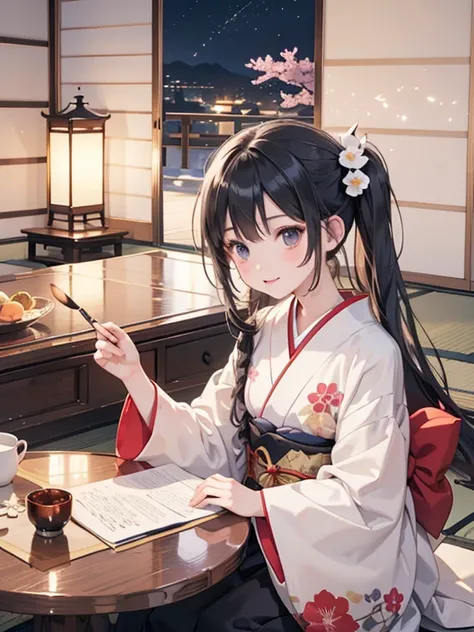 (8k, highest quality, Tabletop:1.2)、One 14-year-old girl, Detailed face, black eye, Black Hair, Long Hair, Kimono with a flower pattern, night, Japanese-style room, Tatami room, Sliding doors, Lantern, Japanese cushion, seiza, calligraphy, Holding a brush