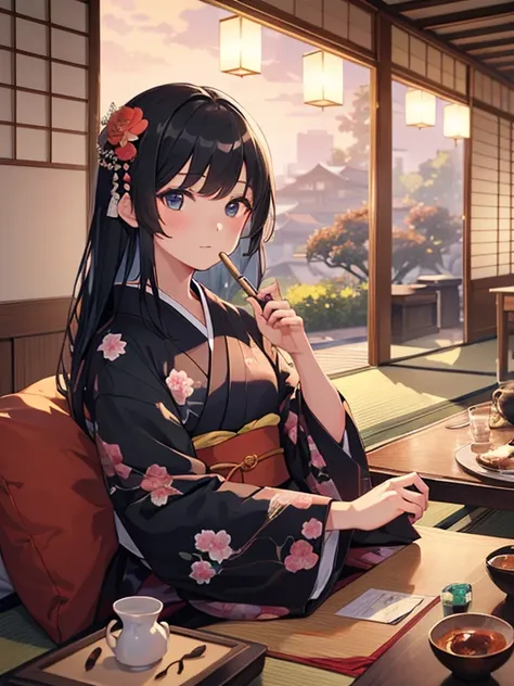 (8k, highest quality, Tabletop:1.2)、One 14-year-old girl, Detailed face, black eye, Black Hair, Long Hair, Kimono with a flower pattern, night, Japanese-style room, Tatami room, Sliding doors, Lantern, Japanese cushion, seiza, calligraphy, Holding a brush