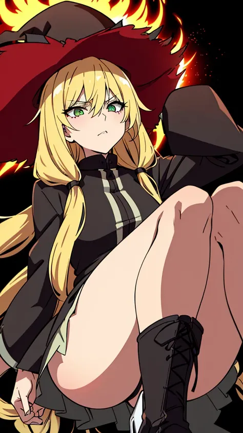 very slender. Long, blonde hair. She has green eyes. pigtails tied wearing a large witch hat. Wearing a sexy witch outfit with knee high heel, very close up portrait, rage, black background with red explosion, glowing red hands, battle_stance, kung_fu