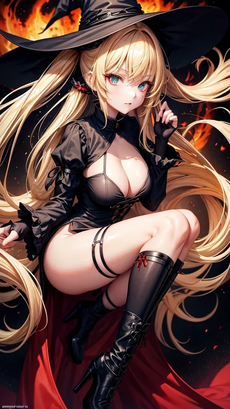 very slender. Long, blonde hair. She has green eyes. pigtails tied wearing a large witch hat. Wearing a sexy witch outfit with knee high heel, very close up portrait, rage, black background with red explosion, glowing red hands, battle_stance, kung_fu