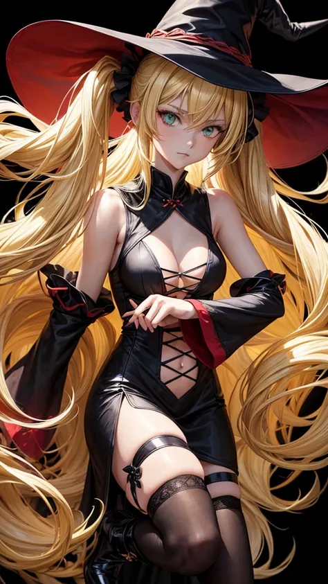 very slender. Long, blonde hair. She has green eyes. pigtails tied wearing a large witch hat. Wearing a sexy witch outfit with knee high heel, very close up portrait, rage, black background with red explosion, glowing red hands, battle_stance, kung_fu