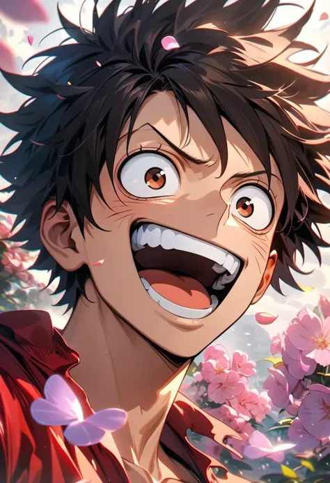 absurdres, highres, ultra detailed, HDR, masterpiece, extremely detailed face and eyes, Monkey D Luffy, black hair, expressive brown eyes, One Piece, solo, man, handsome, happy, red shirt, handsome, pink butterflies, pink petals, pink flowers