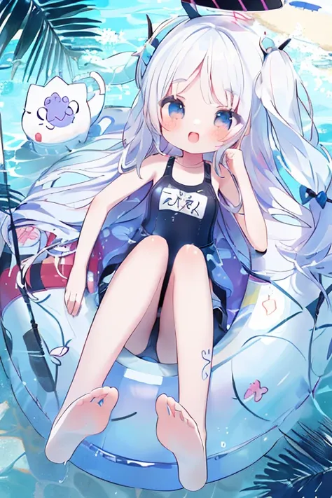 Anime girl sitting on a floating board in the water，Wearing a cat hat, Ink art anime loli, , is wearing a swimsuit, Ahegao, Fleet Collection Style, PIXIV, Black person, swimsuit, Anime cute art style, White-haired deity, Azure Lane style, at PIXIV, , white...