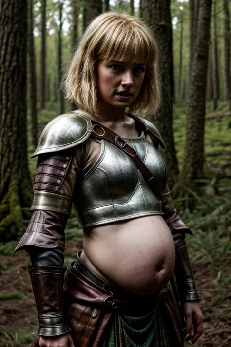 attractive medieval warrior princess, circa 1500s, castle on scotland countryside, short hair, blonde, midriff, pregnant belly, ...